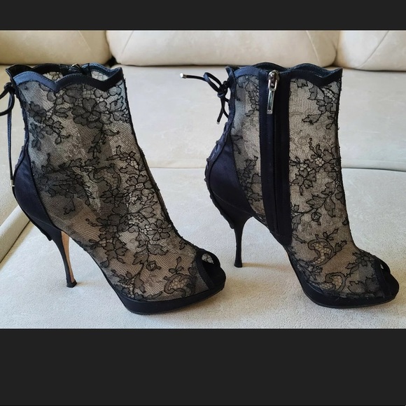 Dior Lace And Satin Mock Lace Up Peep Toe Booties - Picture 4 of 10